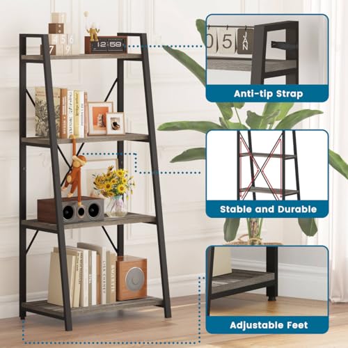 Ladder Bookshelf, 4 Tier Ladder Shelf Bookcase, Wood Leaning Book Shelves for Living Room, Bedroom, Home Office Shelving Unit (Dark Grey Oak) - color: Grey Oak, size: 4-Tier