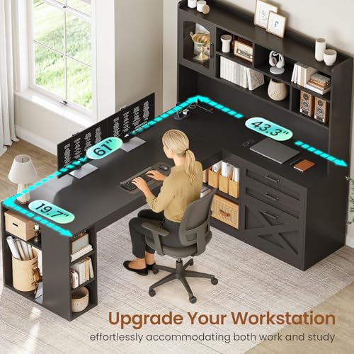 SEDETA 61" Farmhouse L Shaped Gaming Desk with Drawers, Bookshelf Storage - color: Black, size: 61 inches