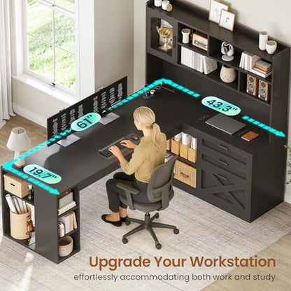 SEDETA 61" Farmhouse L Shaped Gaming Desk with Drawers, Bookshelf Storage - color: Black, size: 61 inches