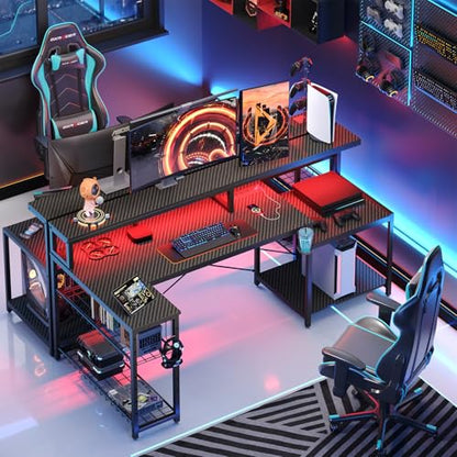 Bestier 71.5 Inch L‑Shaped Gaming Desk with LED & Power Outlets, Black | Large Desk with Monitor Stand, Adjustable Shelf & Printer Stand, Cup Holder, Headset Hooks for Gaming & Home Office - color: Black Carbon Fiber