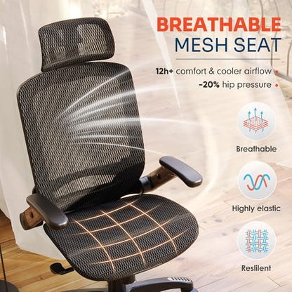 GABRYLLY Ergonomic Office Chair, High Back Home Desk Chair with Headrest, Flip-Up Arms, 90-120° Tilt Lock and Wide Cushion, Big and Tall Mesh Chairs for Man Woman, Black Task Chair(Dark Woodgrain) - color: Black Frame Dark Woodgrain