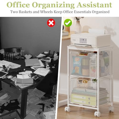 Rolling File Cart with 2 Storage Drawers,Under Desk Storage Cart,Hanging File Folder Organizer with Wheels, Filing Cabinet Mobile Printer Stand Utility Craft Cart for Home Office,White