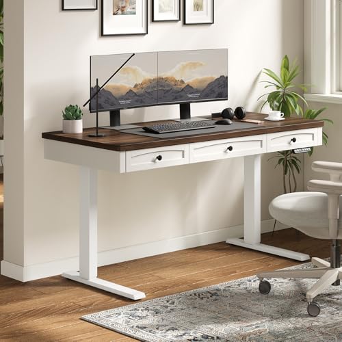 55 x 24 Inch Standing Desk with 3 Drawers,Height Adjustable Desk | Electric Sit to Stand Up Desk with Storage & Outlet, for Computer Workstation, Home Office, Retro Curved Table Corner, Walnut - color: Walnut & White, size: 55*24IN