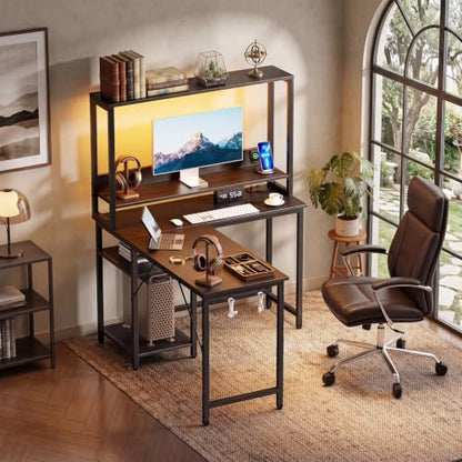 OLIXIS L Shaped Desk, Gaming Desk, LED Lights, 43 Inch | Power Outlets, Reversible Corner Home Office Table, Adjustable Shelf CPU Stand, Black - size: 43.3 IN