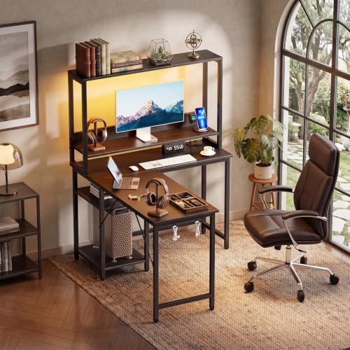 OLIXIS L Shaped Desk, Gaming Desk, LED Lights, 43 Inch | Power Outlets, Reversible Corner Home Office Table, Adjustable Shelf CPU Stand, Black - size: 43.3 IN