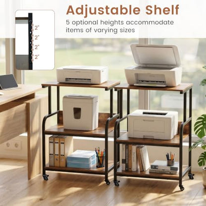 GIANTEX 21.5"x16"x32" Rolling Printer Stand with Adjustable Storage Shelf - color: Rustic Brown, size: 21.5"x16"x32"