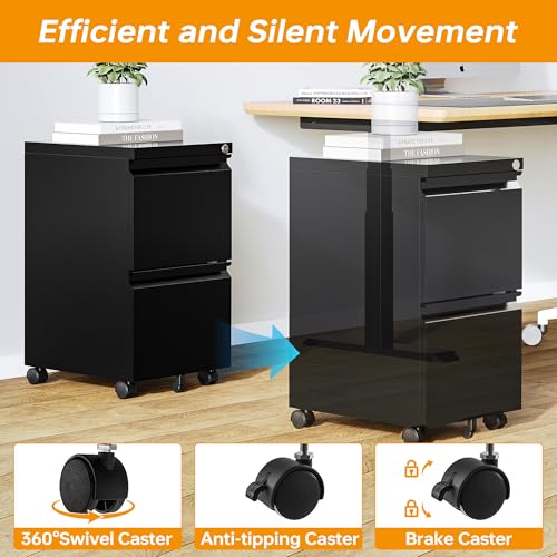 2 Drawer File Cabinet On Wheels Mobile Cabinet with Lock Under Desk Metal Filing Cabinet On Rollers Small Rolling File Cabinet Black Printer Stand for Home Office Fully Assembled - color: Black, size: 2 Drawers-Fully Assembled