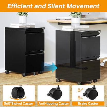 2 Drawer File Cabinet On Wheels Mobile Cabinet with Lock Under Desk Metal Filing Cabinet On Rollers Small Rolling File Cabinet Black Printer Stand for Home Office Fully Assembled - color: Black, size: 2 Drawers-Fully Assembled