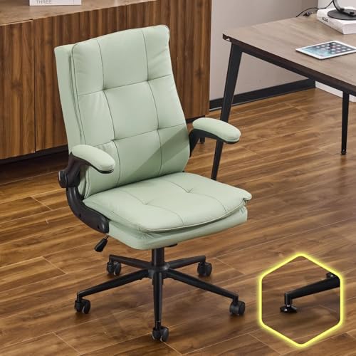 VINGLI Comfy Green Leather Office Desk Chair, High-Back Support Ergonomic Computer Task Gaming Chair,with Removable wheels,360° Swivel,Adjustable Height,Flip-Up Arms,for Adults,Teen,Vanity,Home Office - color: Green-cat Scratch Pu