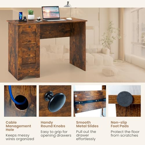 Tangkula Computer Desk with Drawers & Charging Station, Wooden Home Office Desk PC Laptop Notebook Desk, Compact Study Desk Writing Desk, Computer Workstation Ideal for Home & Office (Rustic Brown) - color: Rustic Brown
