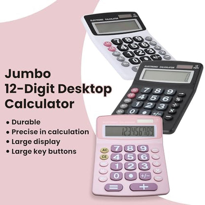 Lily' Home Jumbo 12 Digit with Solar Power, Large LCD Display - Desktop Calculator, Dual Power, Large Button Design, Battery Operation, Easy-to-Read Tilted, for Home, Office, School & Business - Pink - size: 1PK-Pink
