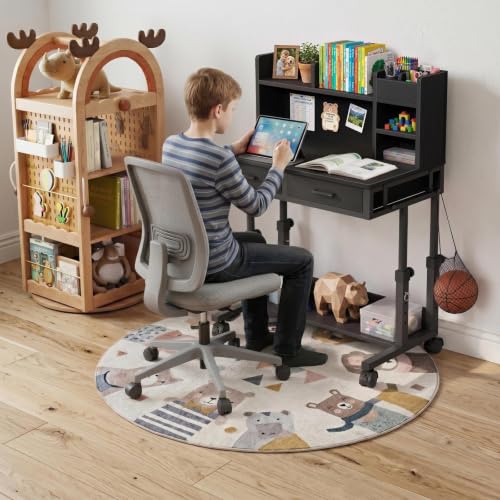 WINAZ Black Mobile Kids Desk - 32" Height Adjustable Study Table with Hutch - color: Black