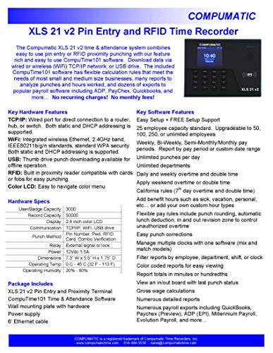 XLS 21 v2 PIN Entry Time Clock System, WiFi, CompuTime101 Software Included, NO Monthly Fees