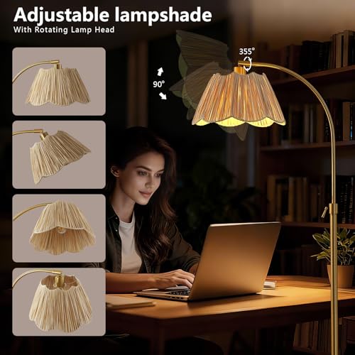 64'' Adjustable Arc Floor Lamp with Natural Rattan Woven Shade - color: Gold