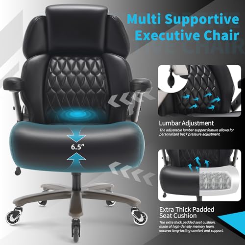 Big and Tall Office Chair 700lbs, Ergonomic High Back Computer Desk Chair | Adjustable Headrest&Lumbar Support, 3D Flip Arms, Large Wheels, Heavy Duty Metal Base, Thick Padded Wide Seat Executive Chair - color: Black