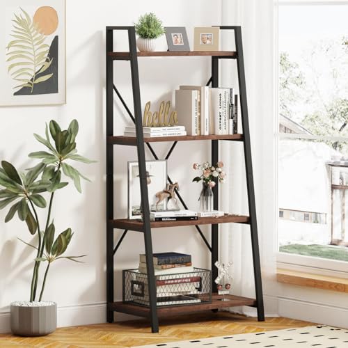 Industrial Ladder Shelf Bookcase, 4 Tier Rustic Ladder Bookshelf, Standing Leaning Book Shelves for Living Room (Rustic Oak) - color: Rustic Oak, size: 4-Tier