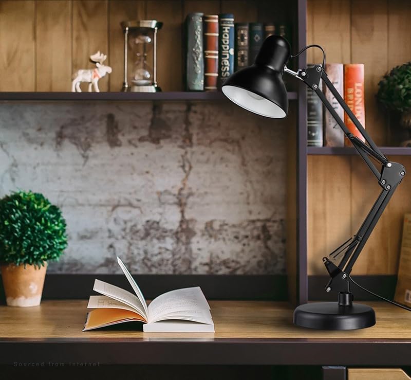 Adjustable Clamp Desk Lamp 24" Height, Swing Arm Architect Metal Table Lamp, Gooseneck and 360° Rotating Shade, E26 Base (Bulb NOT Included) Black Clip-On Light for Office, Study, Reading, Crafting
