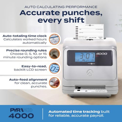 Pyramid Time Systems 4000 Pro Auto Totaling Time Clock, Silver