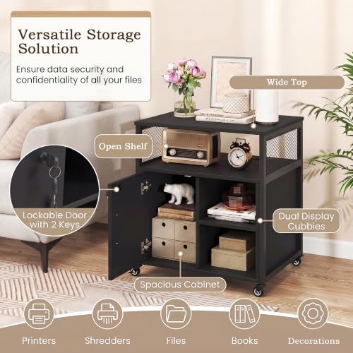 Rolling File Cabinet, Printer Stand with Charging Station (Black) | Mobile Lateral Filing Cabinet | Adjustable Shelf & Metal Frame | Lockable Wheels | For Home Office & Small Space - color: Black