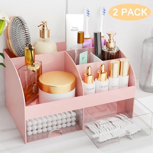 Makeup Organizer with Drawers, Cosmetic Storage for Dresser Vanity and Bathroom Countertop, Beauty Holder for Lipstick Brush, Skincare Organizer for Vanity, Cosmetic Display Case (Pink-2Pack) - color: Pink-2Pack