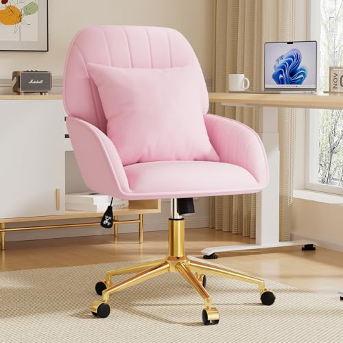 Pink Velvet Desk Chair with Pillow, Upholstered Home Office Desk Chair Makeup Vanity Chair with Swivel Wheels, Ergonomic Office Chair Computer Task Chair for Living Room, Bedroom - color: Pink