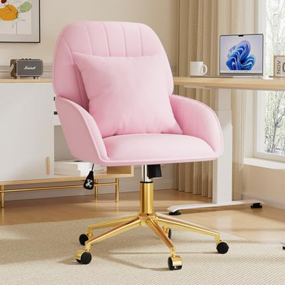 Pink Velvet Desk Chair with Pillow, Upholstered Home Office Desk Chair Makeup Vanity Chair with Swivel Wheels, Ergonomic Office Chair Computer Task Chair for Living Room, Bedroom - color: Pink