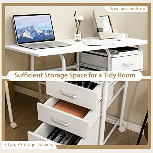 Tangkula White Folding Desk with 3 Drawers, Mobile Home Office Desk Study Writing Desk with Smooth Wheels, Space Saving Compact Table for Dorm Apartment, Rolling Couch Desk Table - color: White