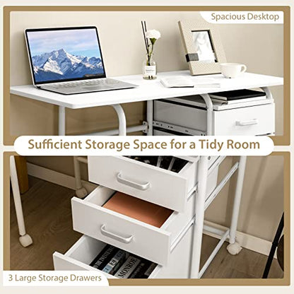 Tangkula White Folding Desk with 3 Drawers, Mobile Home Office Desk Study Writing Desk with Smooth Wheels, Space Saving Compact Table for Dorm Apartment, Rolling Couch Desk Table - color: White