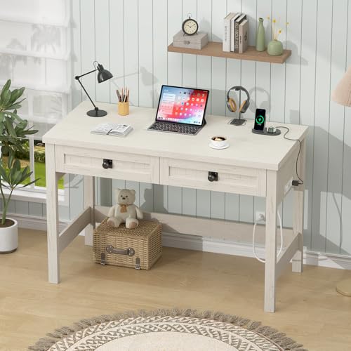 39 Inch Farmhouse Small Computer Desk with Drawers for Bedroom, Home Office - color: White