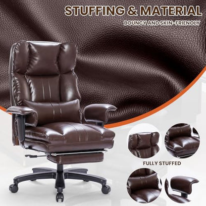Big and Tall Office Chair with Foot Rest,Heavy Duty Office Chair(Brown) | PU Leather High Back Wide Desk Chair, Comfortable Executive Office Chair, 135° Reclining, Adjustable Padded Armrests - color: Brown