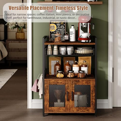 Hencawima Coffee Bar Cabinet, 3 Tier Coffee Station Table on Wheels, 35.9" H Bar Cart with Wire Basket Drawer & 5 Hooks for Home Kitchen, Liquor Buffet Sideboard Cabinet (Rustic Brown) - size: Large