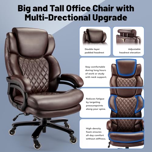 800lbs Big and Tall Office Chair, Executive Chair with Adjustable Headrest, High Back Extra Wide Seat, Heavy Duty PU Leather for Home Office, Comfortable Large Computer Desk Chair - color: Brown