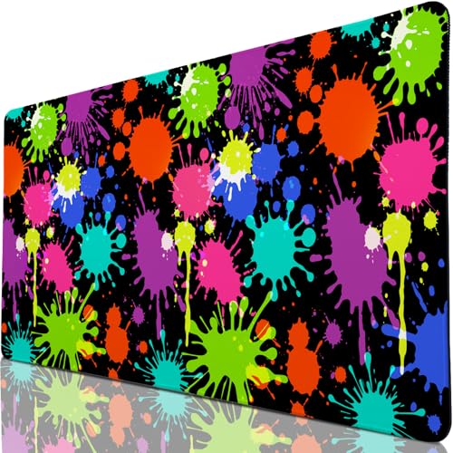 Desk Mat, Desk Matt for Desktop, Neon Paint Splatter XXL Large Gaming Mouse Pad with Non-Slip Rubber Base Stitched Edges Waterproof Keyboard Desk Pad for PC Gaming, Laptop, Computer, Work, Office - color: Pigment Paint Splashes, size: 31.5L x 15.7W inches