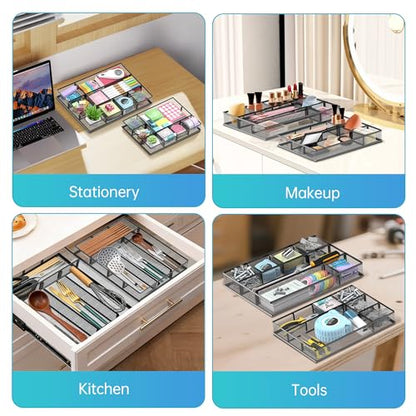 SUPEASY 2 Pack Mesh Drawer Organizer, Metal Desk Drawer Organizer Tray with 8 Adjustable Compartments, Desk Organizers and Accessories for Office Supplies, Kitchen, Makeup & Vanity (Black)