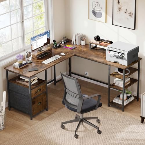 Shahoo 65.3" L Shaped Computer Desk, Corner Home Office Desk with Power Outlets, Ergonomic Monitor Stand, File Drawers & Storage Shelves, Rustic Gaming Desk for Working from Home