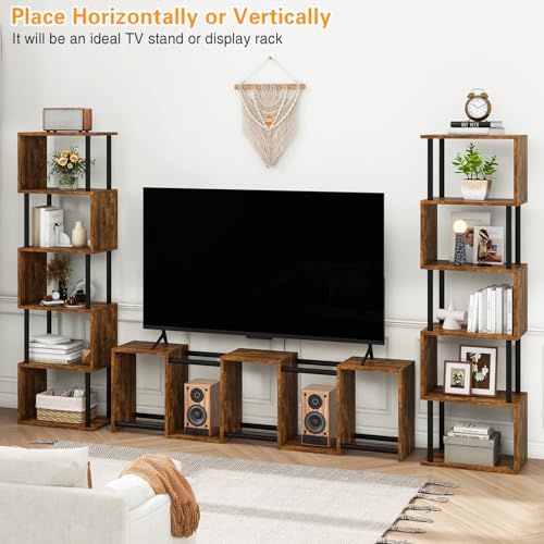 IBUYKE 6-Tier Tall Bookshelf,S-Shaped Geometric Bookcase,Brown WBC016H - color: Rustic Brown, size: 6 Tier
