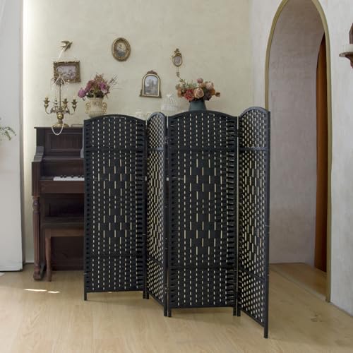 Compact 4 Panel Short Room Divider, 47.2 Inch Tall Double-Sided Rattan Folding Screen for Home & Office,Black - color: Black, size: 4 Panel