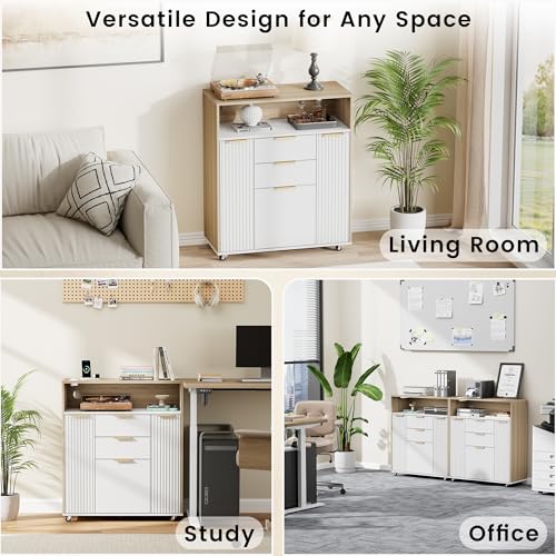 ModernMate Fluted Mobile File Cabinet with Charging Station | 37" Rolling Storage Cabinet with 3 Drawers, Printer Stand with Wheels for Home Office, Light Walnut - color: Light Walnut