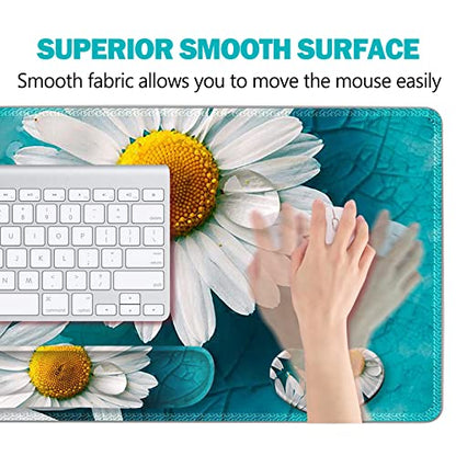 ARTSO Large Gaming Mouse Pad Set, Keyboard Wrist Rest Support + Mouse Wrist Cushion + Extended Mousepad + Coaster, 35x15.5in Multifunctional Desk Mat 4pcs, Cute Daisy - color: Cute Daisy