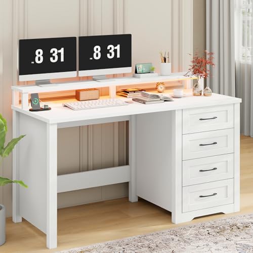 Vabches 47" Farmhouse Executive Desk with 4 Drawers and LED Lights, White - color: White, size: 4 Drawers & Monitor Stand
