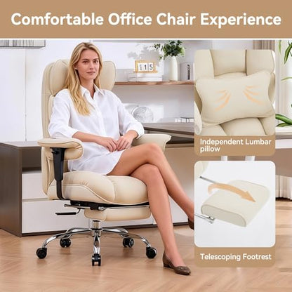 Efomao Executive Office Chair, Beige Fabric Big and Tall Desk Chair | Breathable fabric, pocket spring & foam seat, retractable footrest, 135° recline for computer gaming setup - color: 3084mus-beige