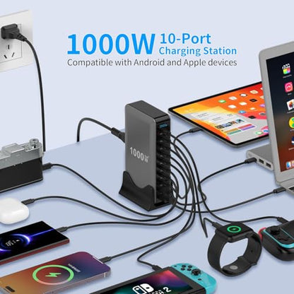 Famous Tech Shop 1000W GaN 10-Port USB-C Charging Station with 240W Cable, Fast Desktop Charger for Laptops, Tablets, Phones, Gaming Consoles