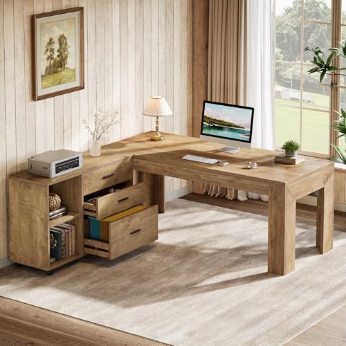 Tribesigns 63" L Shaped Desk with Storage, Executive Office Desk with Mobile Lateral File Cabinet Combo, Large Computer Table with Drawers and Shelves, Business Furniture Set for Home Office, Brown - color: Brown