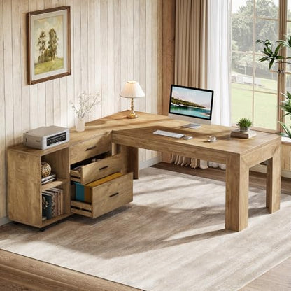 Tribesigns 63" L Shaped Desk with Storage, Executive Office Desk with Mobile Lateral File Cabinet Combo, Large Computer Table with Drawers and Shelves, Business Furniture Set for Home Office, Brown - color: Brown