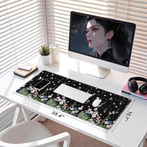 DINKY Leather Desk Protector Mouse Pad, Large Keyboard Mat, Non-Slip PVC Leather Blotter, Black Laptop Pad, Waterproof Writing Pad for Office Home 35.4" x 15.7", Flower Rain - color: Black Flower Rain