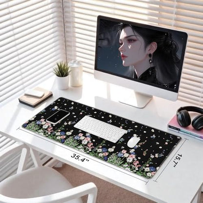 DINKY Leather Desk Protector Mouse Pad, Large Keyboard Mat, Non-Slip PVC Leather Blotter, Black Laptop Pad, Waterproof Writing Pad for Office Home 35.4" x 15.7", Flower Rain - color: Black Flower Rain