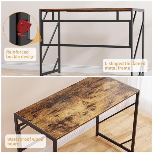 Elephance Folding Desk Writing Computer Desk for Home Office No-Assembly - color: Rustic Brown, size: 31.5 Inch