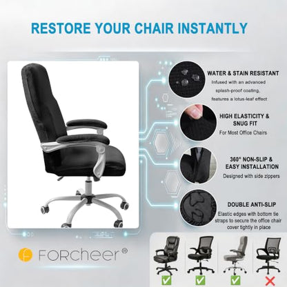 FORCHEER Water-Resistant Large Office Chair Cover with Armrest Covers Black Stretch Jacquard Computer Desk Chair Slipcover Non-Slip Cats/Dogs Proof Washable - color: Black, size: Office Chair Cover with Armrest Covers