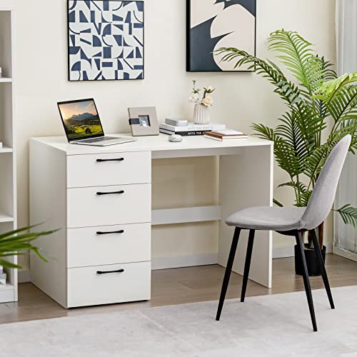 GIANTEX White Computer Desk with 4 Large Drawers, Home Office Laptop PC Desk, Writing Table, Modern Computer Workstation for Bedroom Study Room