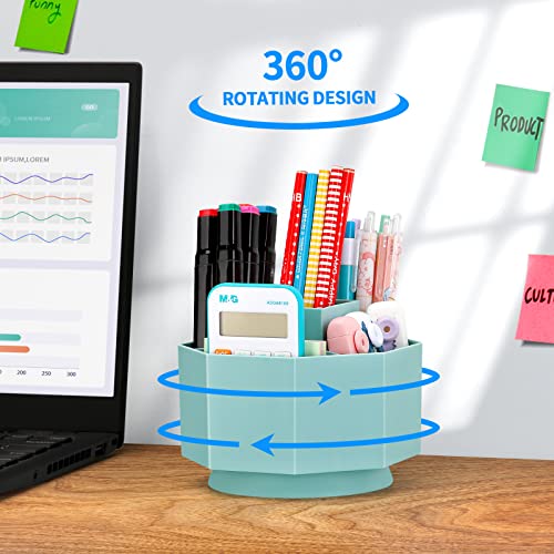 LETURE Desk Organizer, 360-Degree Rotating Pen Pencil Holder, 5 Compartments Desktop Stationary Organizer, Home Office Art Supply Storage Box Caddy (BLUE)